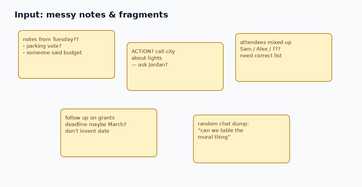 Messy raw notes and request fragments before organization